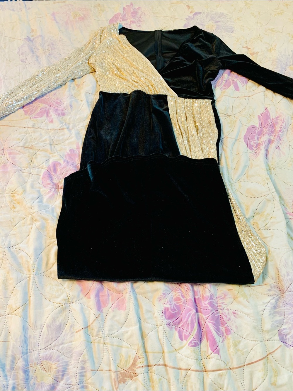Black & Gold Sequin Long Sleeve Wrap-Style Evening Dress